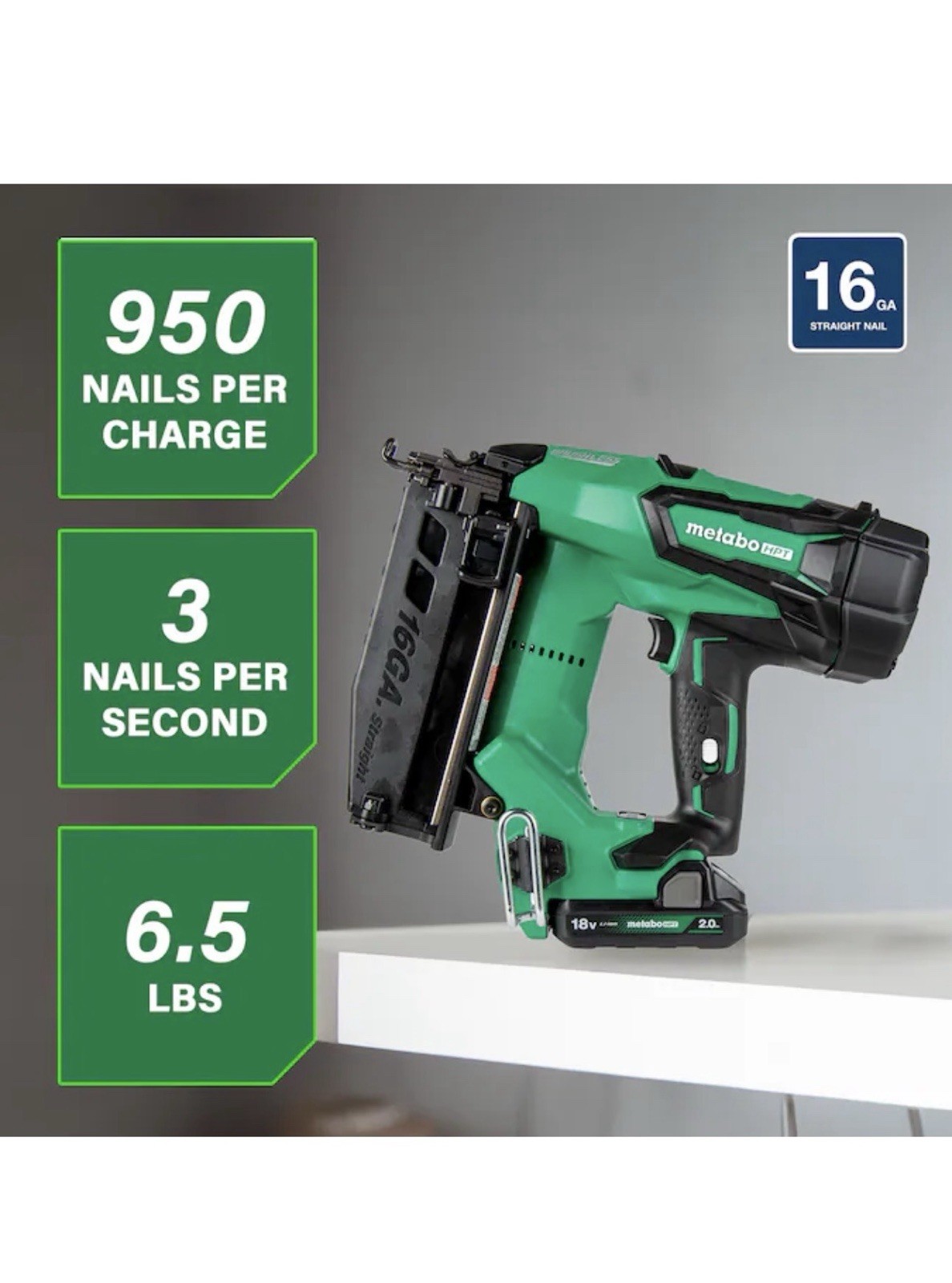 Metabo HPT NT1865DMST 18V 2.5" 16GA Cordless Finish Nailer w/Battery,Charger,Bag