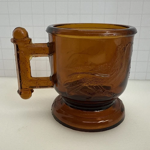 Antique EAPG Eastlake Atterbury's Robin 1880 Dark Brown Amber Child’s Mug EUC