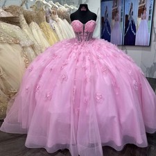 Pink Quinceanera Dresses Off Shoulder Lace 3D Flowers Prom Ball Gowns Sweet 16