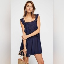 Free People FP One Priscilla Mini Embroidered Eyelet Navy Shift Dress Size Small