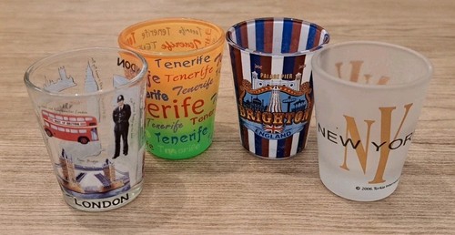 SOUVENIR NEW YORK BRIGHTON LONDON TENERIFE 4 x SHOT GLASSES FROSTED GLASS