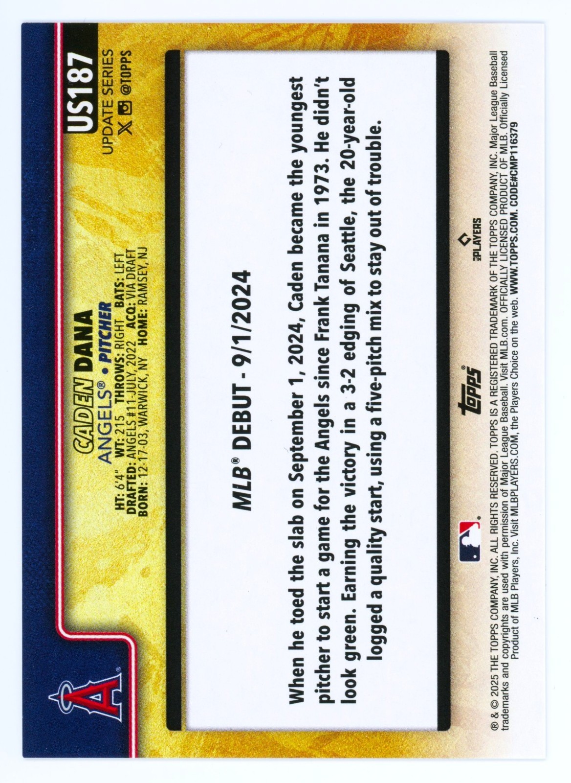 2025 Topps Update #US187 CADEN DANA RC Golden Mirror SSP Variation (Angels)