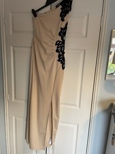 Lipsy Nude dress With Black Velvet Detail One Shoulder Full Length Size 10