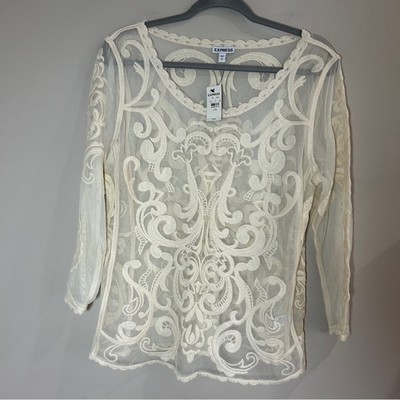 New With Tags Express White Lace Sheer Top Size Large