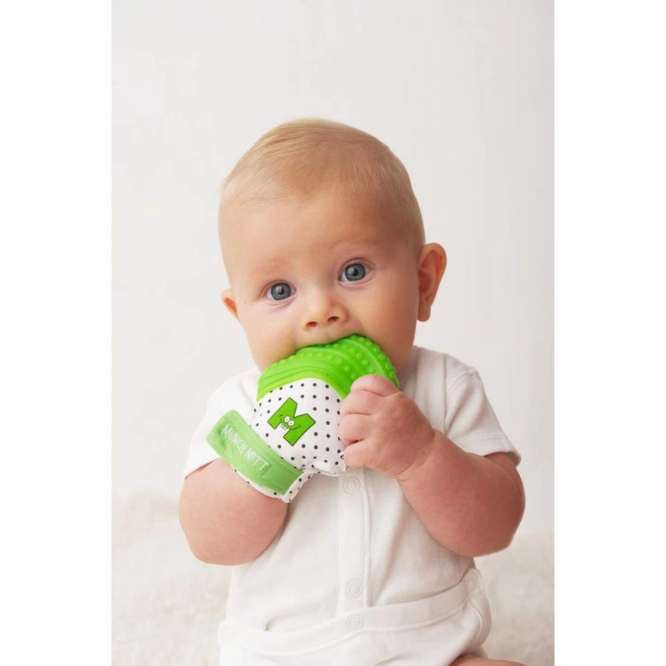 Mitón para dentición Munch Mitt, mordedor que se mantiene a mano para auto-suavizarse, verde Foto 2 de 3