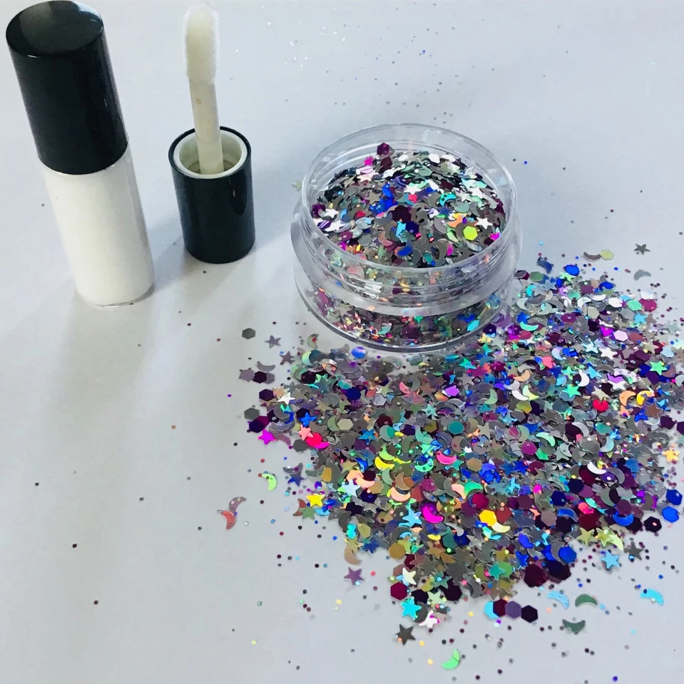 FESTIVAL FACE/BODY/HAIR KIT-4ml GLUE HOLOGRAPHIC MOONSHINE GLITTER MIX 10g POT