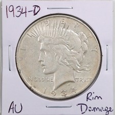 1934-D $1 Peace Silver Dollar with AU Detail Rim Damage #5240