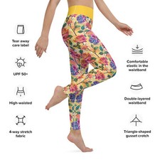 Colorful Yellow Watercolor Roses Yoga Leggings with pocket
