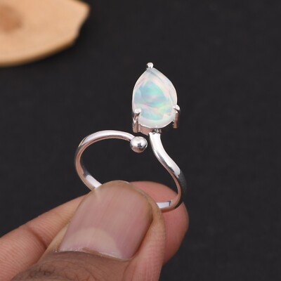 925 Sterling Silver Pear Aurora Opal Gemstone Adjustable Band Ring Gift For  Her