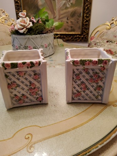 LBK Flower Pot Planter Vtg Home Garden Decor Plants Ceramic Pink White Pair Set - Picture 10 of 11