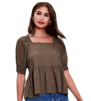 LOFT-  Women s Large Dotted Olive Green  Smocked Peplum Top NWT
