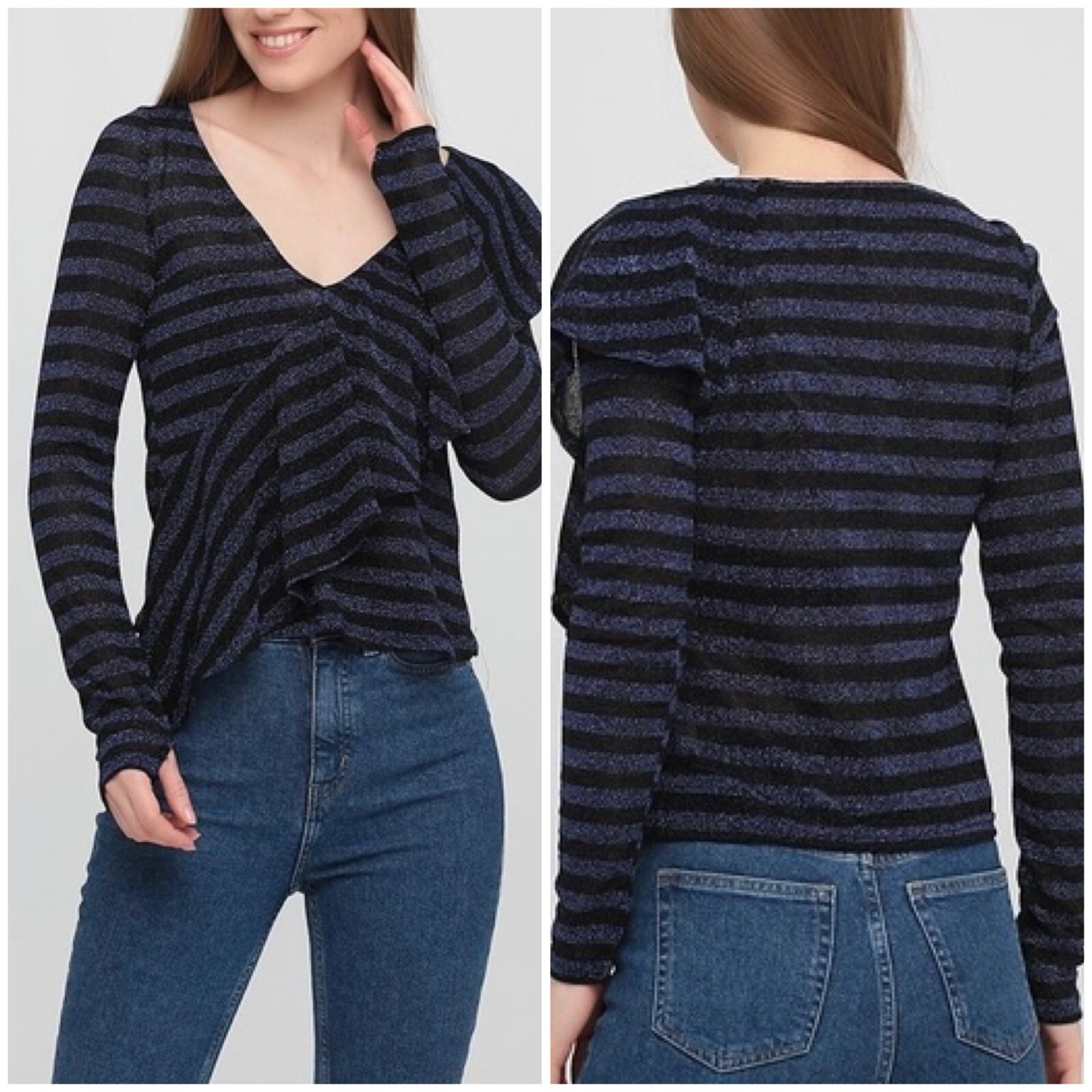 Zara Sz M Blue Black Metallic Thread Shimmer Ruffle V Neck Blouse Top NWT NEW image 2