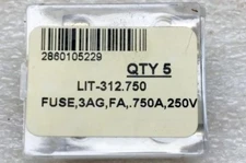 LITTELFUSE 312.750  .750 AMP 3AG FAST ACTING GLASS FUSES- 5 pcs