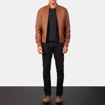 Mens Brown Leather Bomber Jacket, Sheepskin, Ready to wear and Customized