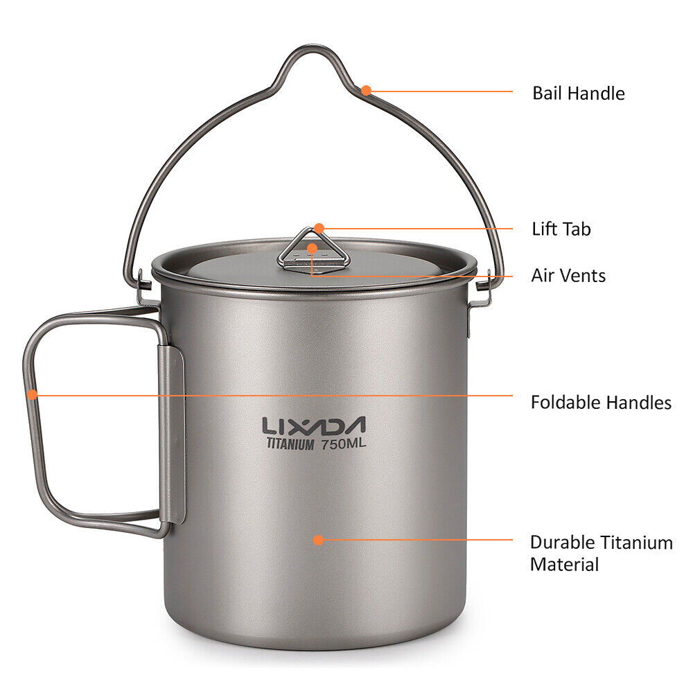 Lixada Lightweight Titanium 3 Pieces Set Titanium 750ml Pot Lixada Lightweight Titanium 3 Pieces Set Titanium 750ml Pot