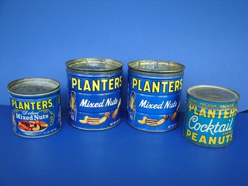 VINTAGE 4 LOT PLANTERS PEANUT MIXED NUTS TIN CANS W/ LIDS