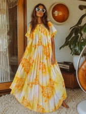 vtg Hawaiian Palm Muumuu Kaftan Caftan 1970s Accordian Pleated Yellow Flowers