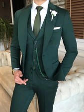 Men Green 3 Piece Suit Wedding Dinner Party Wear Suits Coat Vest Pant 