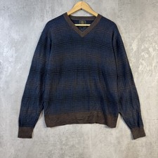 FX Fusion Jumper Mens M Blue Brown Check Knitted V Neck Grandad Core Sweater