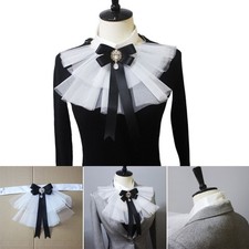 Layered Ruffle Mesh Jabot Necktie Bowknot Crystal Pendant Colonial Shirt Front