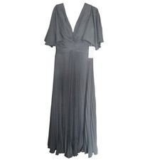 Formal Pleated Maxi Dress Flutter Sleeve V-Neck Evening Gown Charcoal Grey