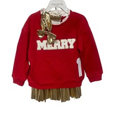 Tahari Girl Red Merry Sweatshirt  Gold Pleated Skirt Set Outfit Holiday