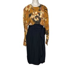 VINTAGE PHOEBE sz Small - Medium Midi Dress Floral Long Sleeve Draped Black Gold
