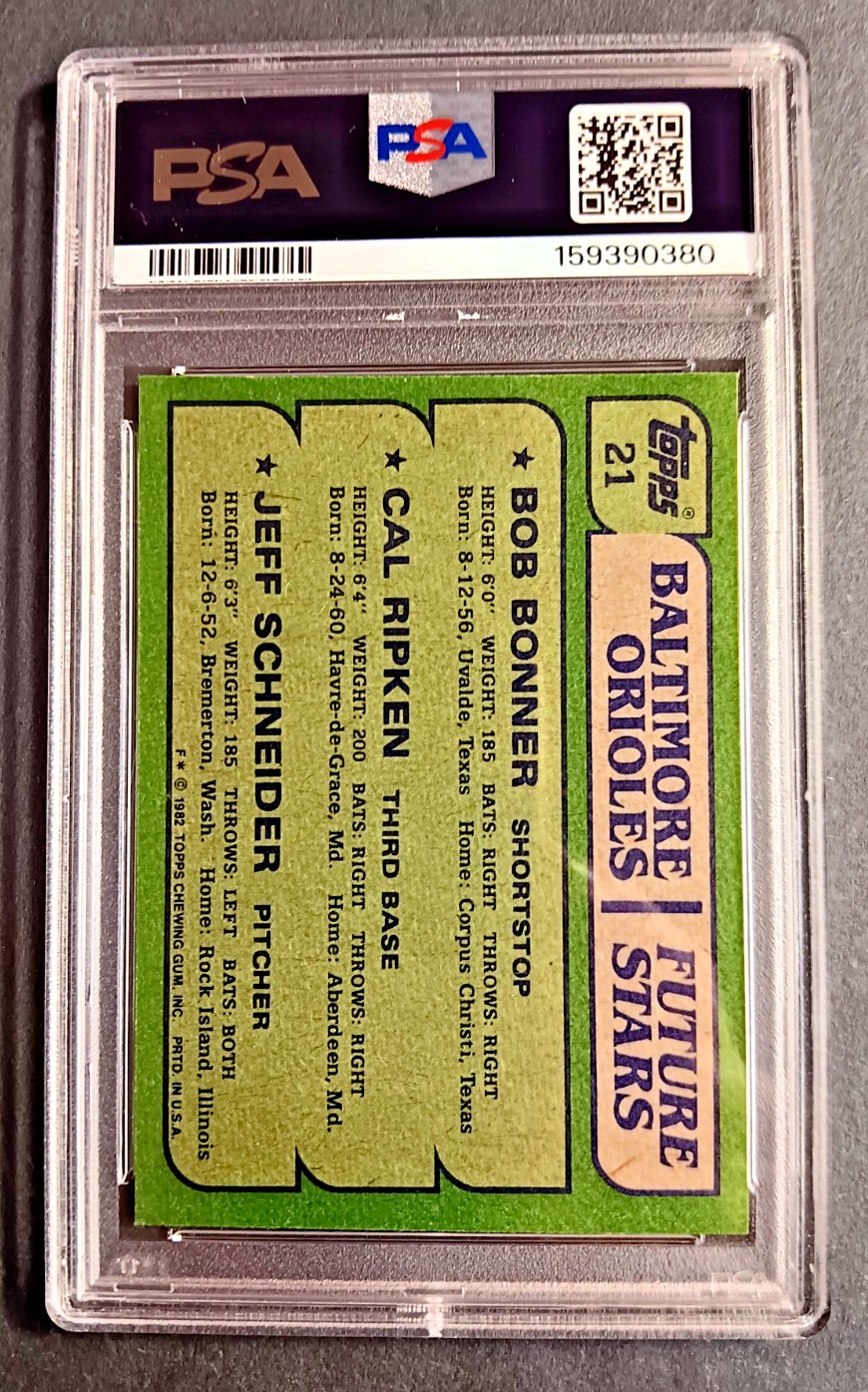 1982 Topps #21 Cal Ripken Jr ROOKIE PSA 9 Orioles view 2