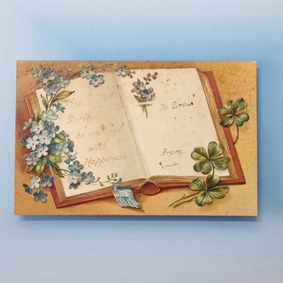 Prägepostkarte um 1910 Vergissmeinnicht vierblättriges Kleeblatt Geburtstagsgrüße