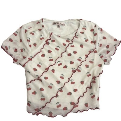 Bailey Rose Top Womens XS Cream Strawberry Cherry Lettuce Edge Mesh BRT1974DG