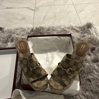 Gucci GG Logo Canvas Platform Wedge Sandals Metal Bit Women's EU 39