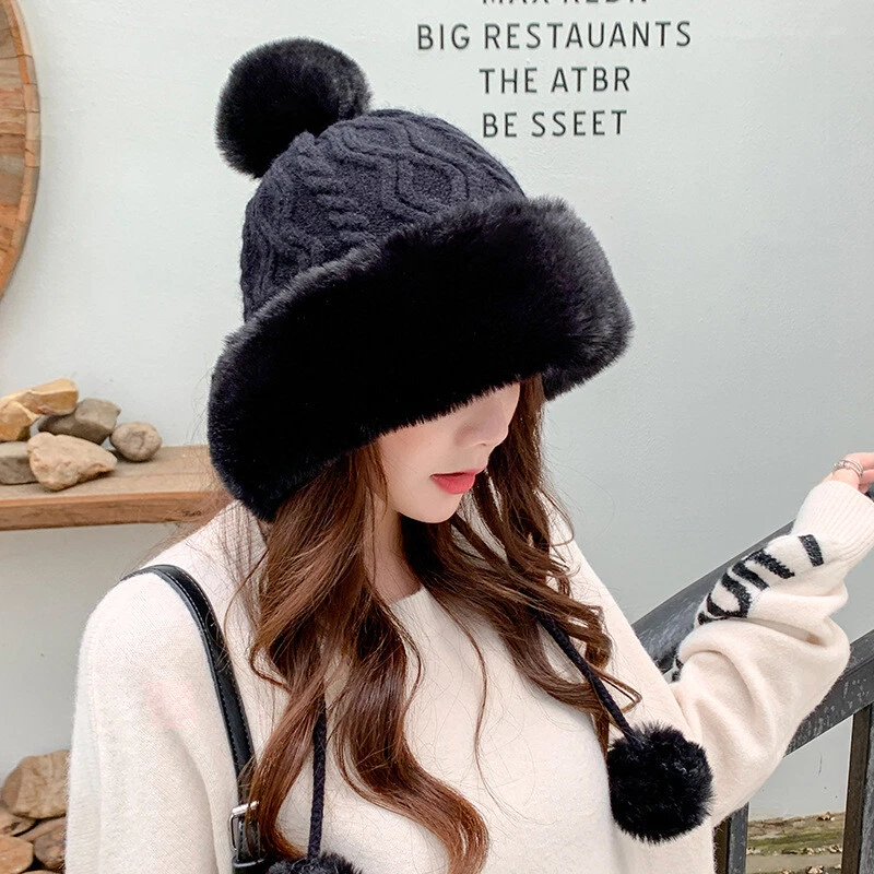 Mujeres Invierno Imitación Piel Pom Pom Sombrero Tejido Gorra Esquí Orejera Gorro Forrado de Vellón Cálido Foto 3 de 4