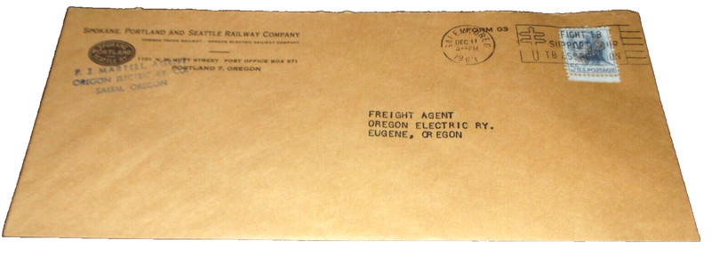1963 SP&S SPOKANE PORTLAND AND SEATTLE ENVELOPE TO OREGON ELECTRIC RAILWAY