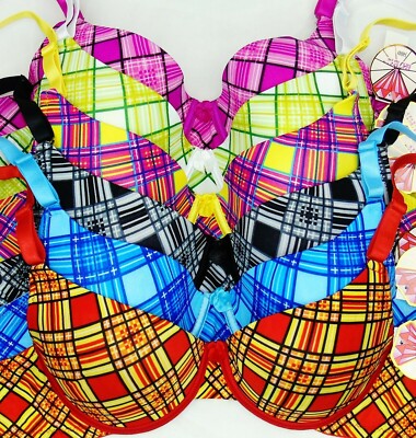 Lot Of 6 Plaid Bras, Underwire Demi Cup, Size: 34B