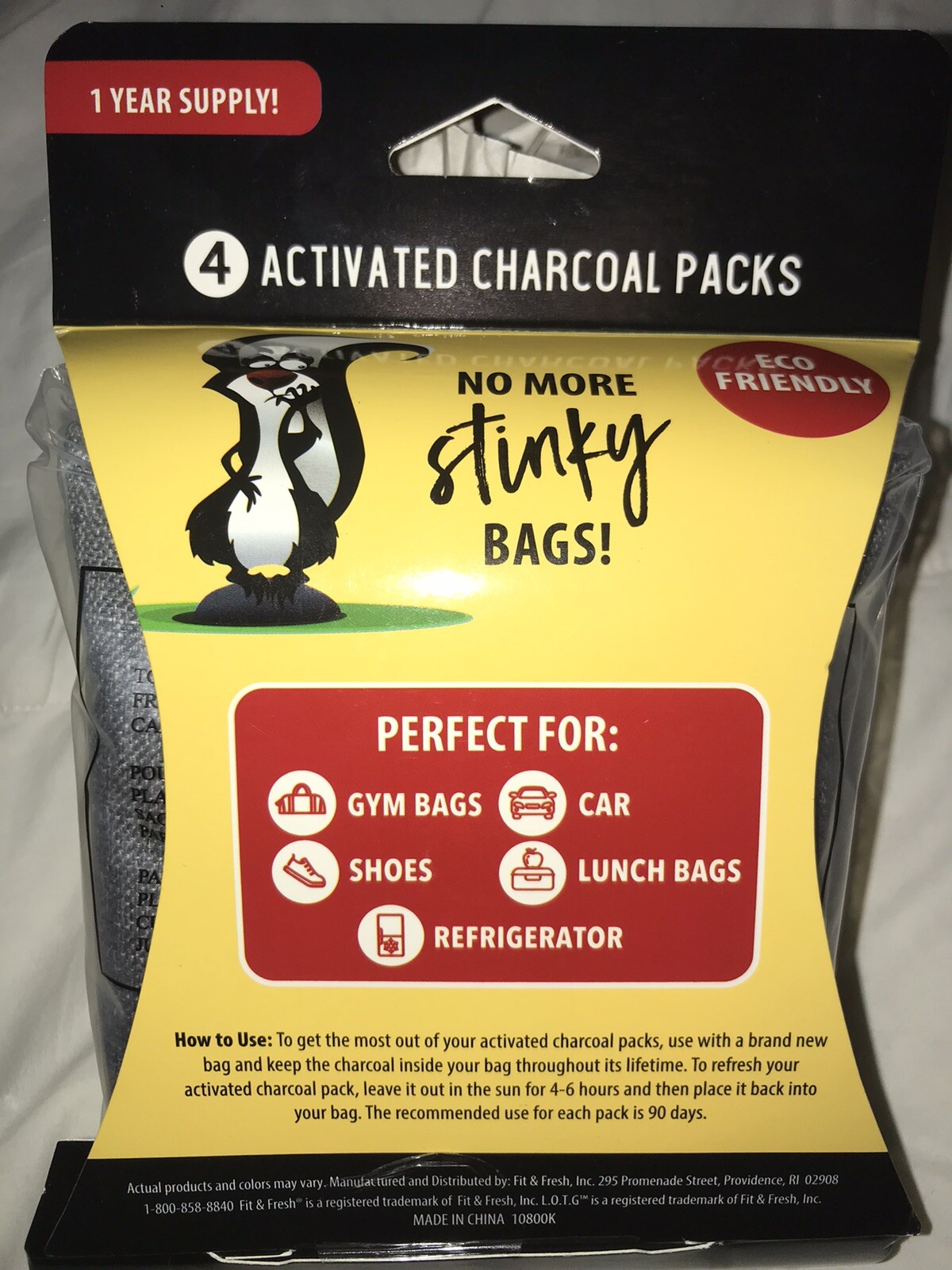 (4) Reuseable Activated Charcoal Odor Absorbing Bags, Lunchbox, Locker