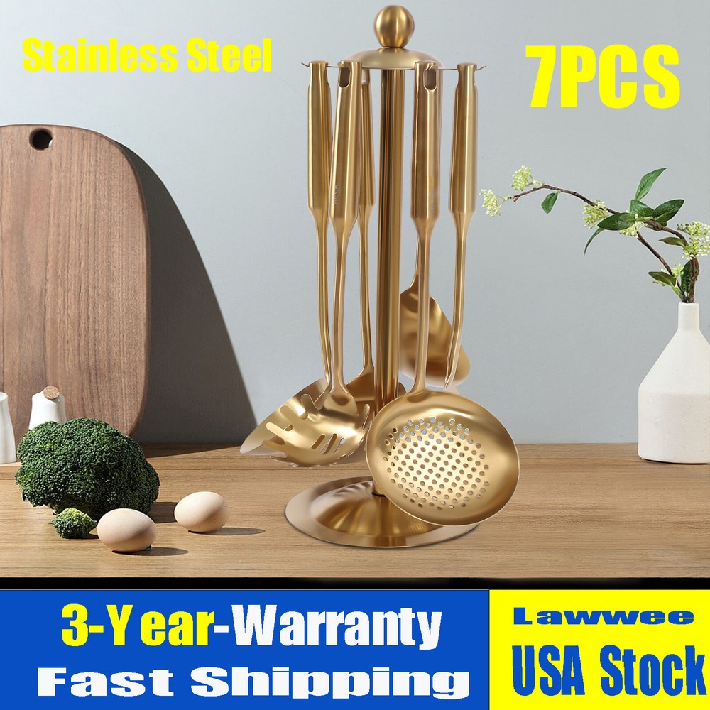 7pcs Kitchen Cooking Utensils Set Stainless Steel Serving Set with Stand Stylish