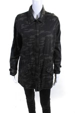 Monrow Womens Cotton Ruched Full Zip Camouflage Long Sleeve Jacket Green Size L
