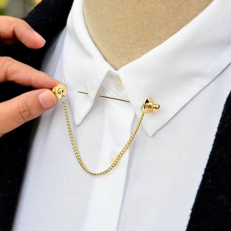 Men Silver Gold Shirt Collar Clip Bar Lapel Pin Chain Tie Brooch Necktie Stick