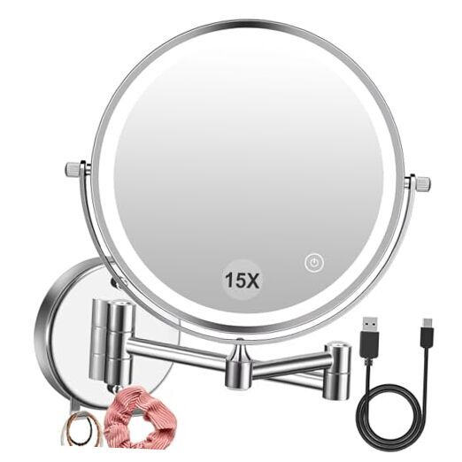 15X Magnification Wall-Mounted Makeup Mirror with USB Charging & Hook