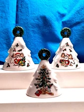 3 LEFTON Christmas Bells Mice Christmas Tree Holly Berries Vintage 3.25" Ceramic