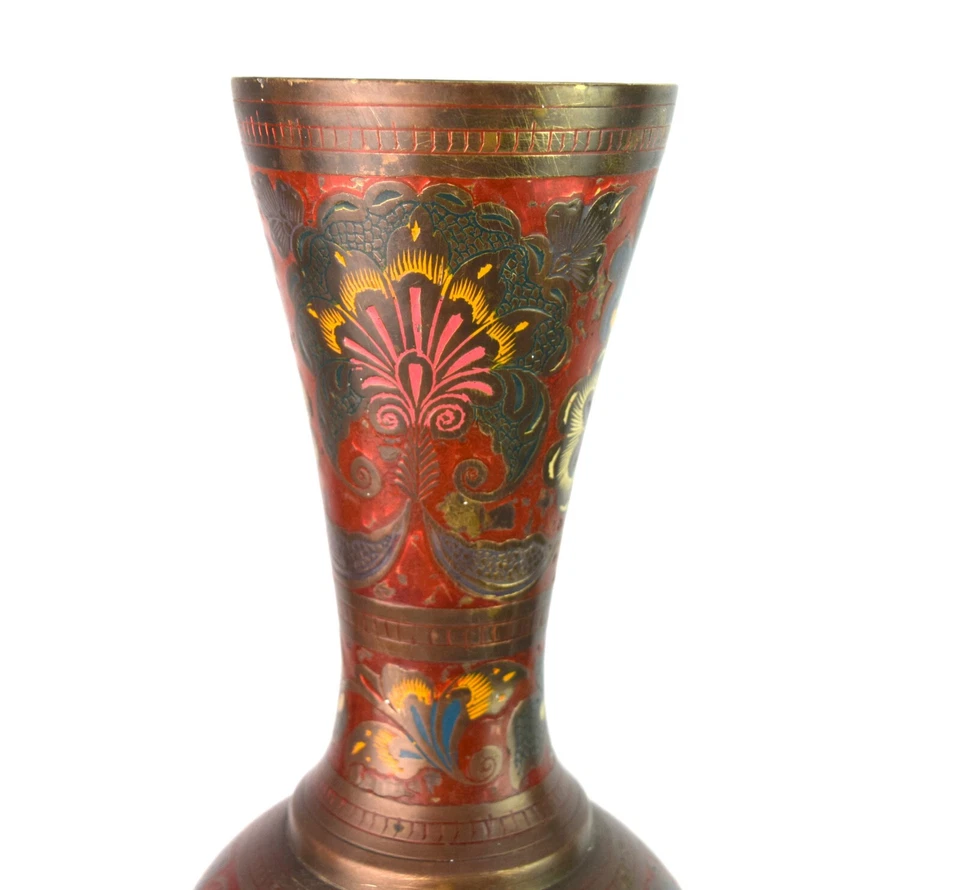 Old Enamel Work Vase 20 Inch Tall Hand Painted Decor Brass Flower Vase. G7-1025 - Image 4 of 4