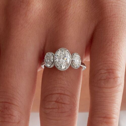 3-Stone Oval Cut Lab Created 3Ct Diamond Engagement Ring 14K White Gold Plated - Picture 1 of 7