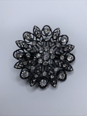 Vintage Starburst Crystal Snowflake Brooch Pendant Convertible Pin Black Metal