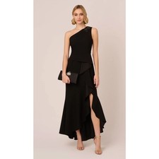 Adrianna Papell One Shoulder Ruffled Crepe Gown With Beaded Accent In Black