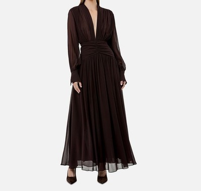 NICHOLAS Women's Brown Jocelyn Ruched Deep V-Neck Maxi Dress Size 6