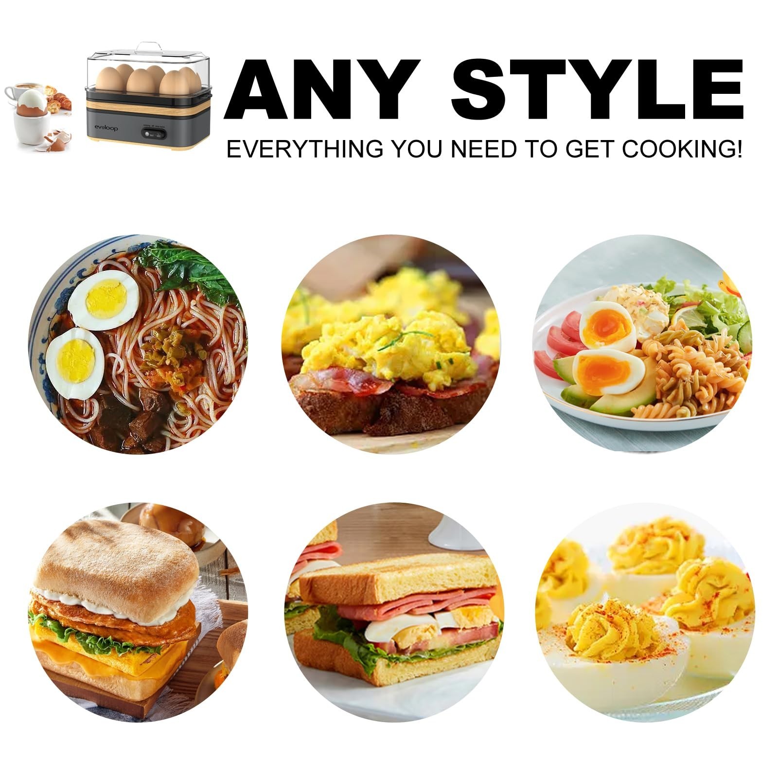 Evoloop Rapid Egg Cooker Electric 6 Eggs Capacity, Soft, Medium, Hard Boiled,...