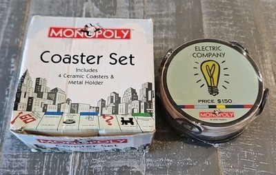 MONOPOLY COASTER SET - 4 Ceramic Coasters, Game Theme, Vintage NEW SEALED 