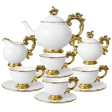 fanquare 15 Piece Vintage Porcelain Tea Set for 6, White Large Tea Cups