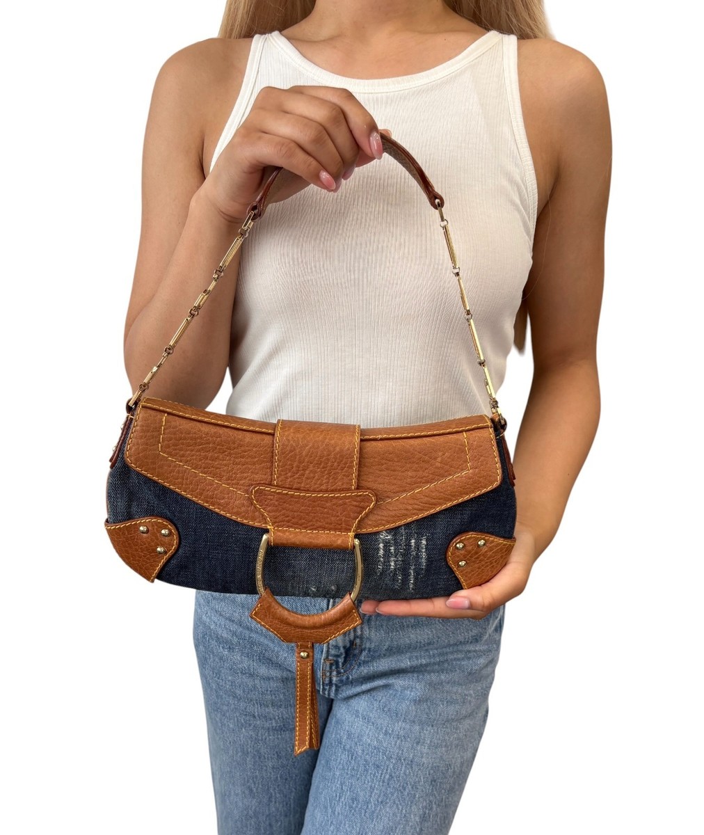 DOLCE&GABBANA Vintage Flap D-Ring Denim Shoulder Bag Blue Brown