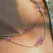 15 Ct Pear Cut Lab Created Pink Sapphire Tennis Necklace 14k YellGold Plated 18  